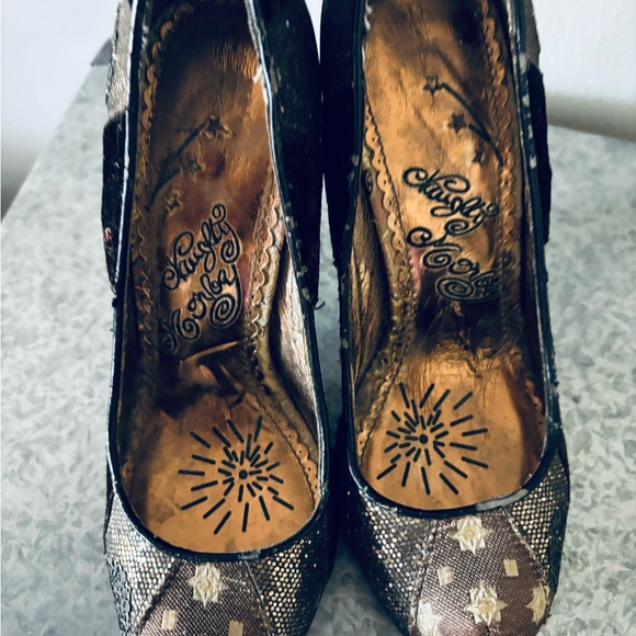 NAUGHTY MONKEY WOMENS SEQUINED BUTTERFLY BROWN GOLD STILLETO SHOES Size 7.5 US - Picture 3 of 6